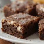Cottage cheese brownies on a white plate, sprinkled with powdered sugar.