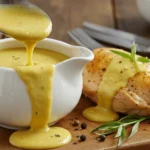 A white gravy boat pouring a creamy yellow Mustard Velouté Sauce onto a roasted chicken breast, served on a wooden board with scattered peppercorns.