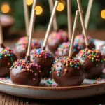 Brownie cake pops with chocolate coating and colorful sprinkles on a plate.