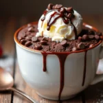 Chocolate mug cake with ice cream, chocolate chips, and chocolate drizzle in a white mug.