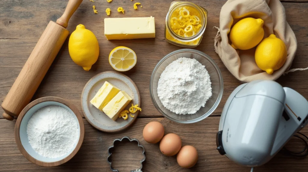 Baking ingredients for lemon sandwich cookies arranged on a wooden surface.