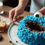 A decorated blue Cookie Monster cake on a plate, ready to be served with cake slices and milk.