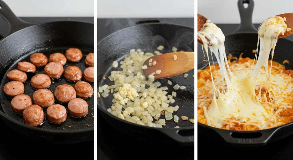 Three-panel image showing steps in a beef smoked sausage and pasta recipe: frying sausage, sautéing onions and garlic, and adding cheese to the pasta.