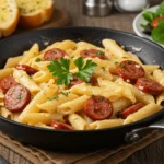 Penne pasta with sliced sausage in a creamy sauce, served in a skillet.