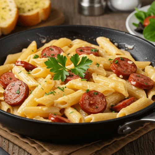 Penne pasta with sliced sausage in a creamy sauce, served in a skillet.