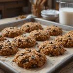 A baking sheet lined with parchment paper holds ten golden-brown, textured cookies studded with chocolate chips, with a glass of milk and other baking ingredients in the blurred background.