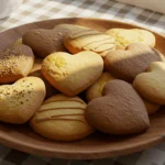 Heart-shaped cookies in a wooden bowl.