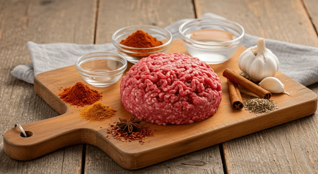 Raw ground beef surrounded by various spices, garlic, and an egg on a wooden cutting board.