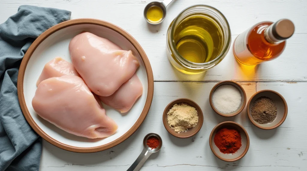 Raw chicken breasts in a bowl with various spices, oil, and vinegar on a white wooden surface.