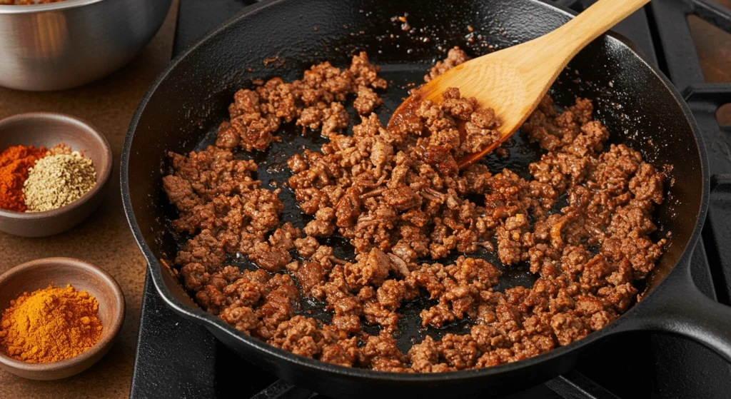 Ground beef cooking in a cast iron skillet with spices, being stirred with a wooden spoon.