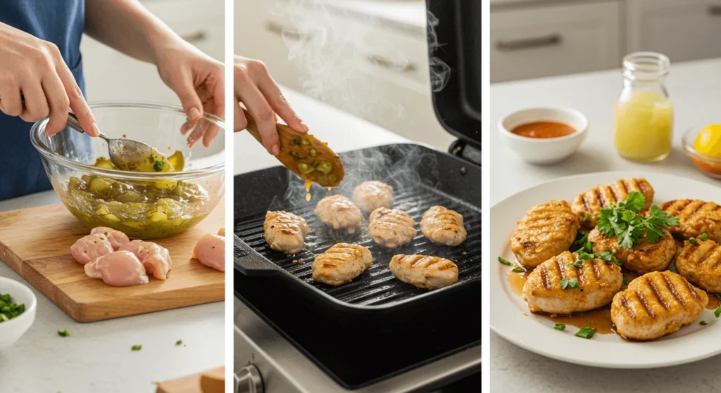 Three-part image showing chicken marinating, grilling, and plated with sauce.