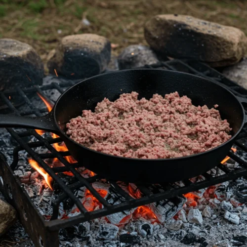 Ground meat sizzling in a cast iron skillet over an open campfire.