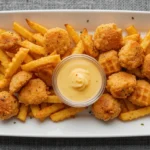 Fried chicken nuggets and French fries with a creamy dipping sauce on a white plate.