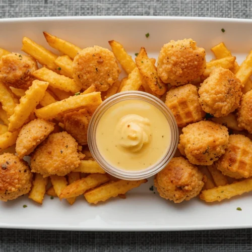 Fried chicken nuggets and French fries with a creamy dipping sauce on a white plate.