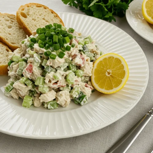 Creamy chicken salad with celery and red bell pepper, topped with chopped chives, served with sliced baguette and a lemon wedge.