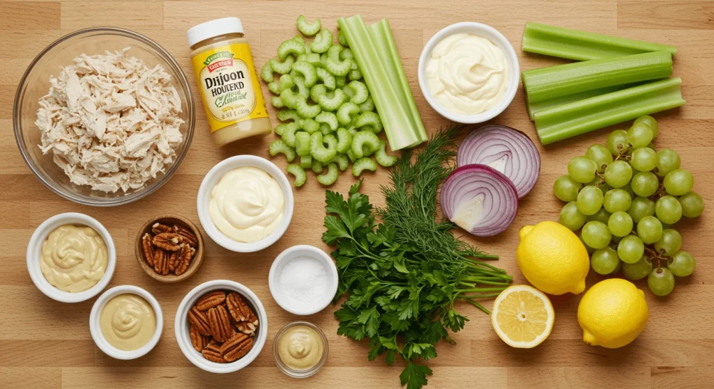 Overhead flat lay of ingredients for chicken salad, including shredded chicken, celery, grapes, pecans, red onion, fresh herbs, mayonnaise, Dijon mustard, and lemon.