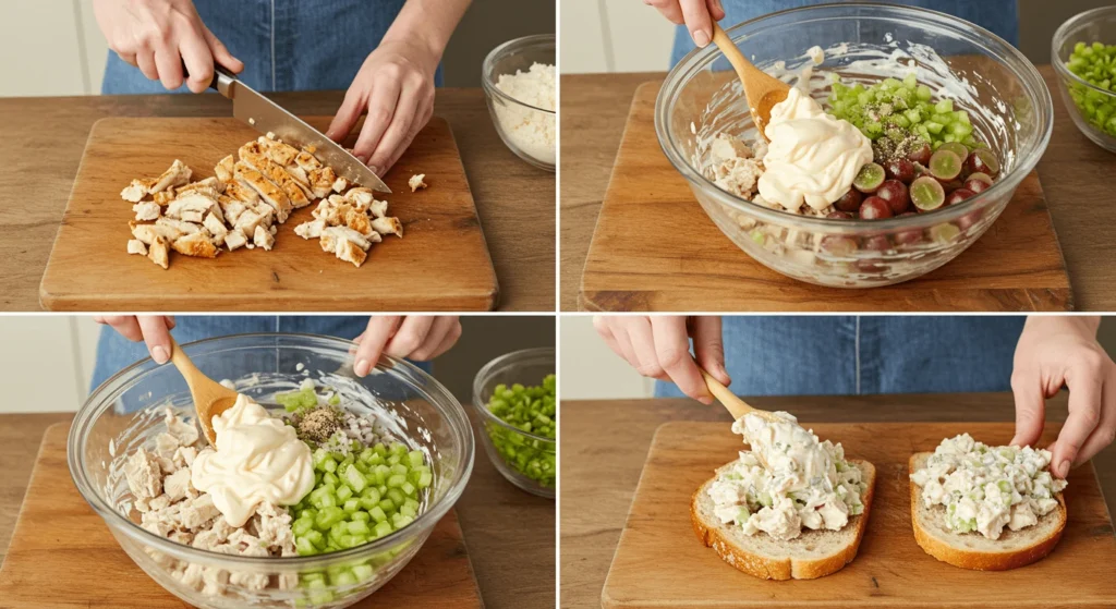 A four-panel image demonstrating the steps to make chicken salad: chopping cooked chicken, adding ingredients to a bowl, mixing the salad, and serving it on bread.