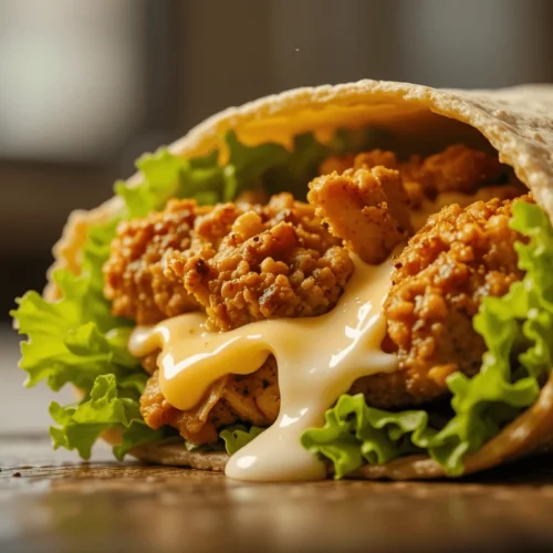 Crispy chicken snack wrap with lettuce and sauce, similar to a McDonald's Snack Wrap.